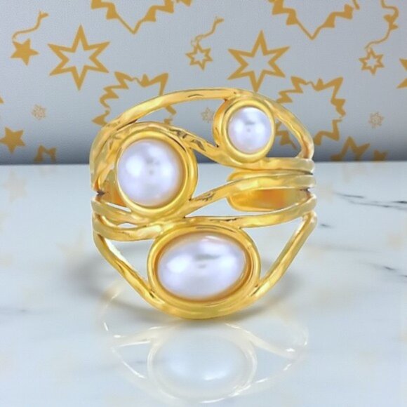 🆕 18K Gold Plated Adjustable Ring With Faux Pearls Artistic Trendy Swirl Design - Picture 9 of 12